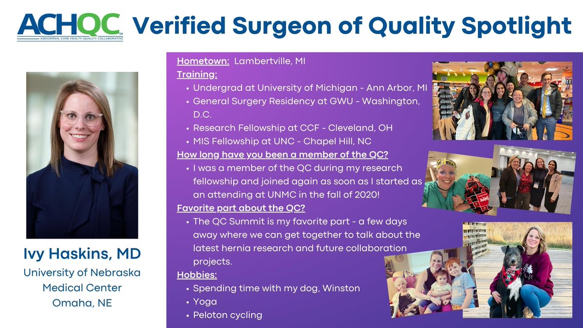 Kudos to @IvyNHaskinsMD, #ACHQC Verified Surgeon of Quality! We believe surgeons focused on #qualityimprovement will perform at their highest level & recognize ACHQC #VSOQ surgeons for their dedication to improving the #quality of #hernia #PatientCare in their communities.