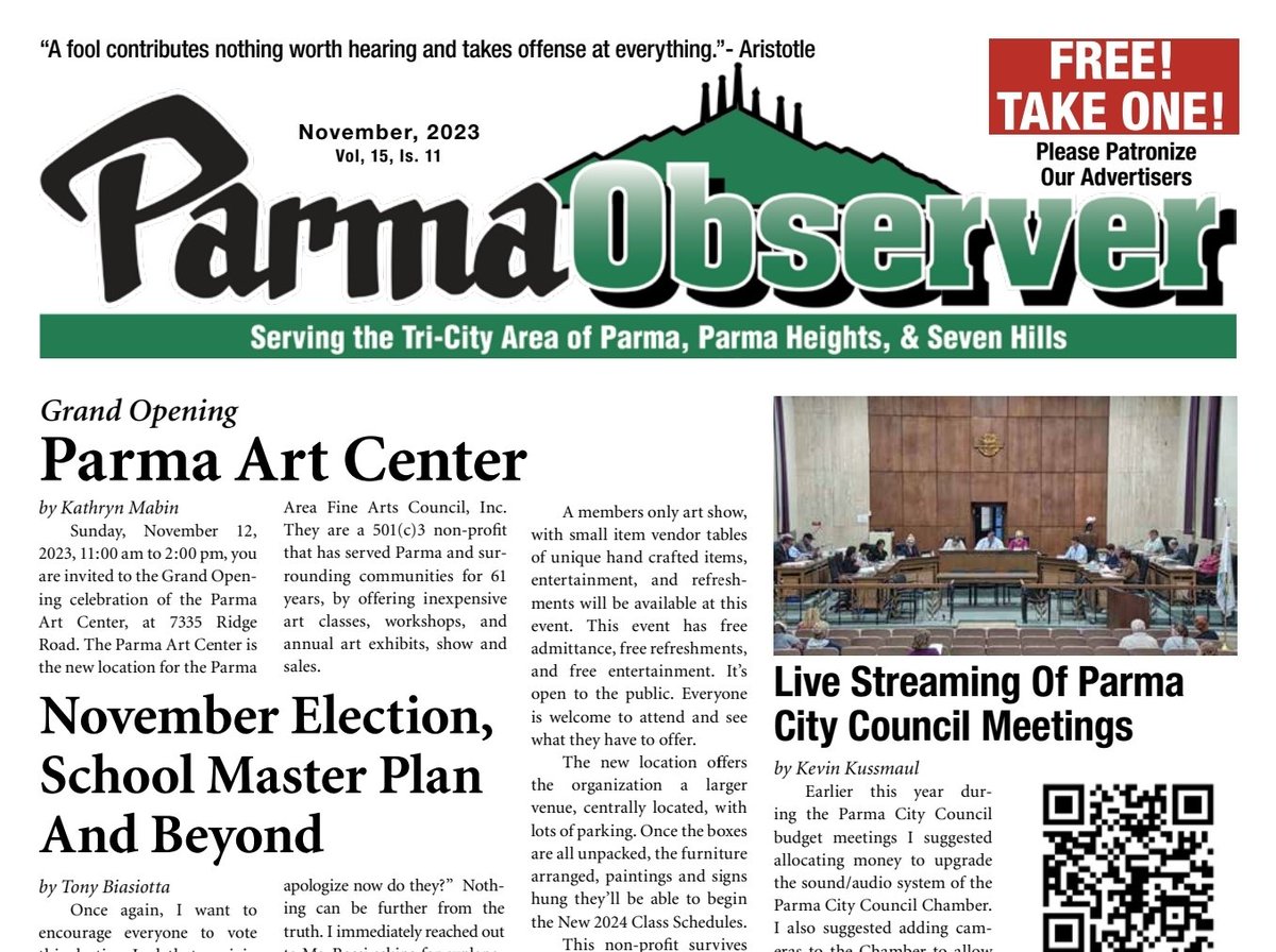 ParmaObserver's tweet image. NOW AVAILABLE: The November 2023 issue of the Parma Observer is out now and is available online! 🍂🌨 🇺🇸🇺🇦

media.parmaobserver.com/issue_pdfs/Par…