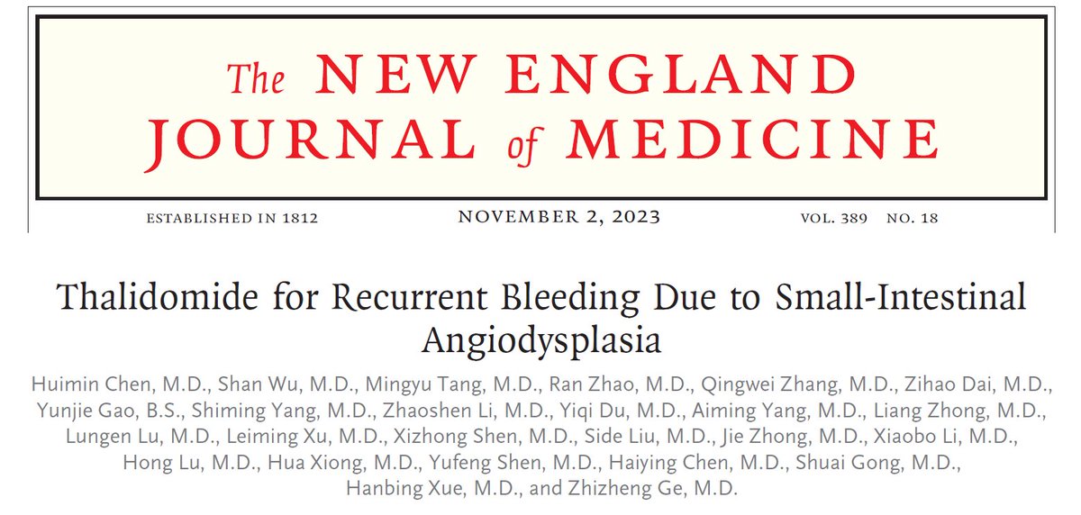 RautouE's tweet photo. Just in @NEJM : Thalidomide effective for  bleeding due to small-intestinal angiodysplasia
✅Patients with portal hypertension probably included as only those with "esophageal varices &amp; cirrhosis" were excluded. Not mentioned 🤔
⚠️ side effect 🟰 elevated liver-enzyme levels https://t.co/ZMTeyk09Rj