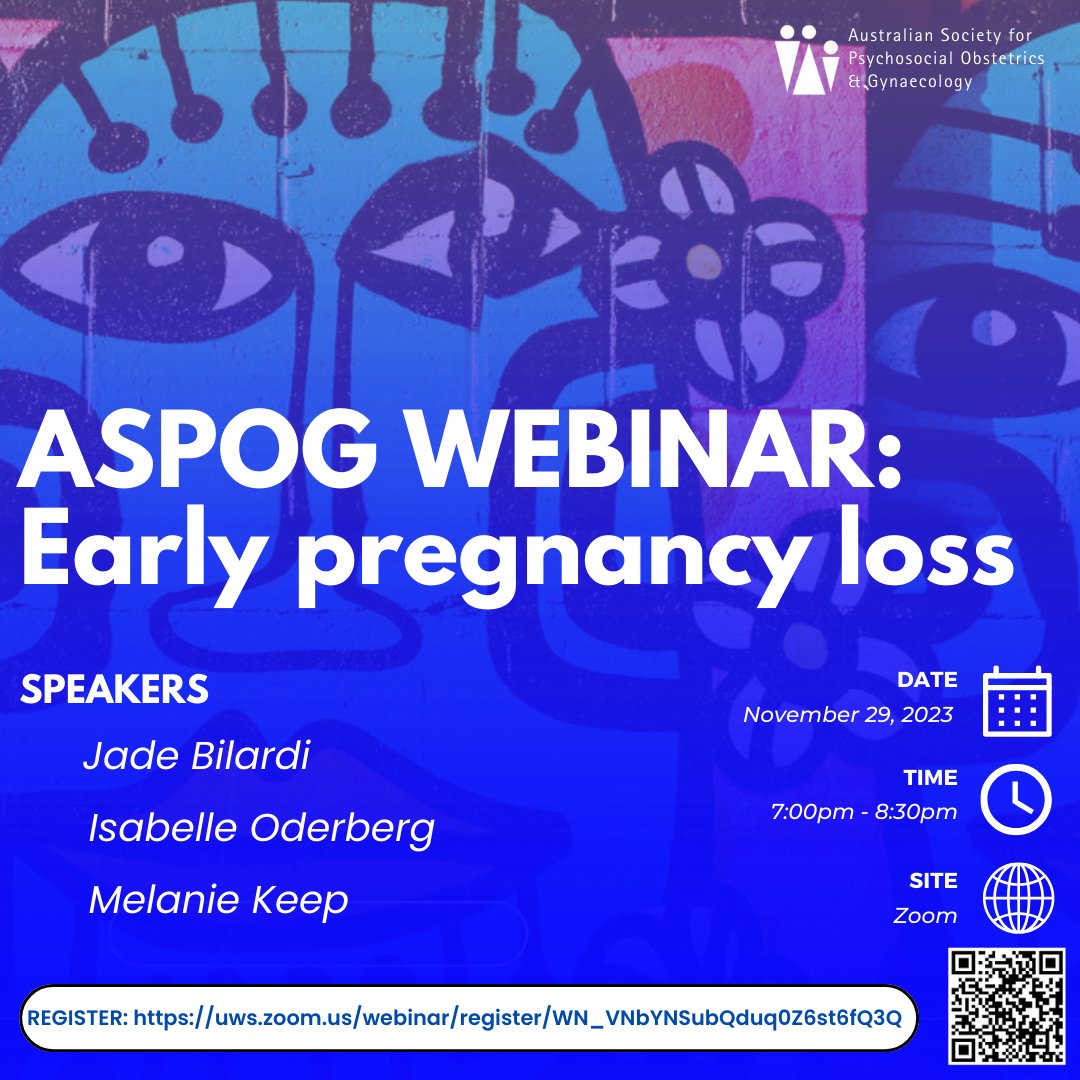 Join us on November 29th for ASPOG's latest webinar on 'Early Pregnancy Loss'. Gain valuable insights and knowledge on this important topic. 

Register here or use the QR code: uws.zoom.us/webinar/regist…

#earlypregnancyloss #ASPOG #webinar