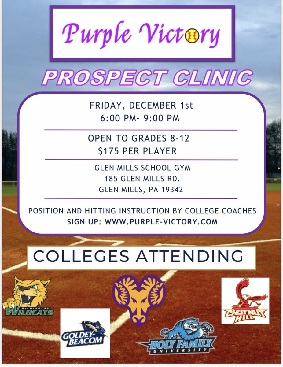 Love Philly? Want to stay close to home….check out tri state d2 prospect clinic at Glen Mills school! 5️⃣great local schools: West Chester, Wilmington U, Holy Family, Chestnut Hill, Goldey beacom! Learn and showcase 💪🏻 👇🏻👇🏻👇🏻👇🏻👇🏻👇🏻👇🏻👇🏻👇🏻👇🏻👇🏻 purple-victory.com