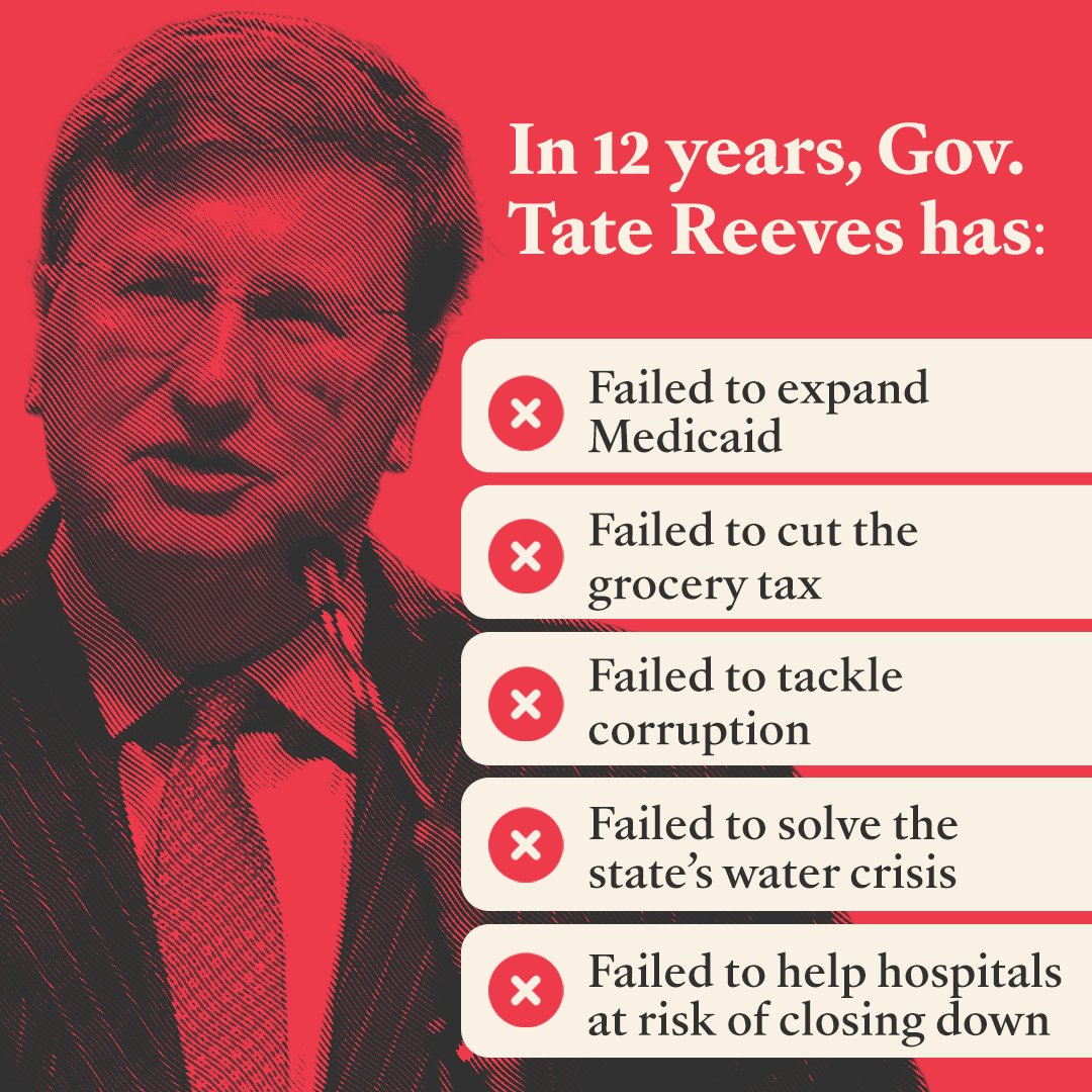 DemGovs's tweet image. Reminder ahead of tonight’s #MSGov debate: 

📢 Mississippi can’t survive another four years of Tate Reeves. 📢