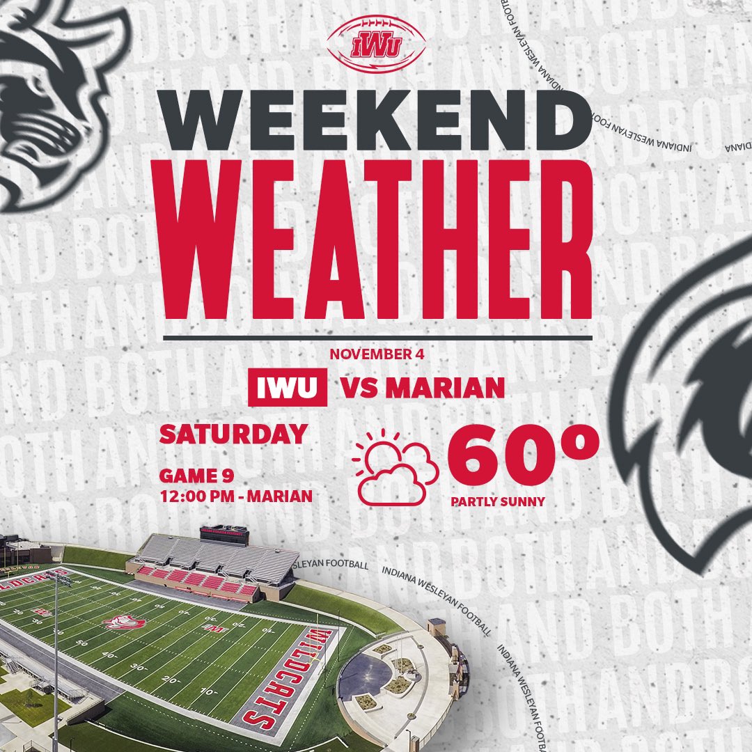 WEEKEND WEATHER ⛅️

We’ve got a heat wave coming to Marion! Looks like a beautiful day for a Top 5 showdown! 🏈

🆚 No. 4 Marian
📅 Saturday, Nov. 4
⏰ 12:00 p.m.
📍 Wildcat Football Stadium
🎟️ IWUWildcats.com/tickets

#BothAnd | #OneBlood