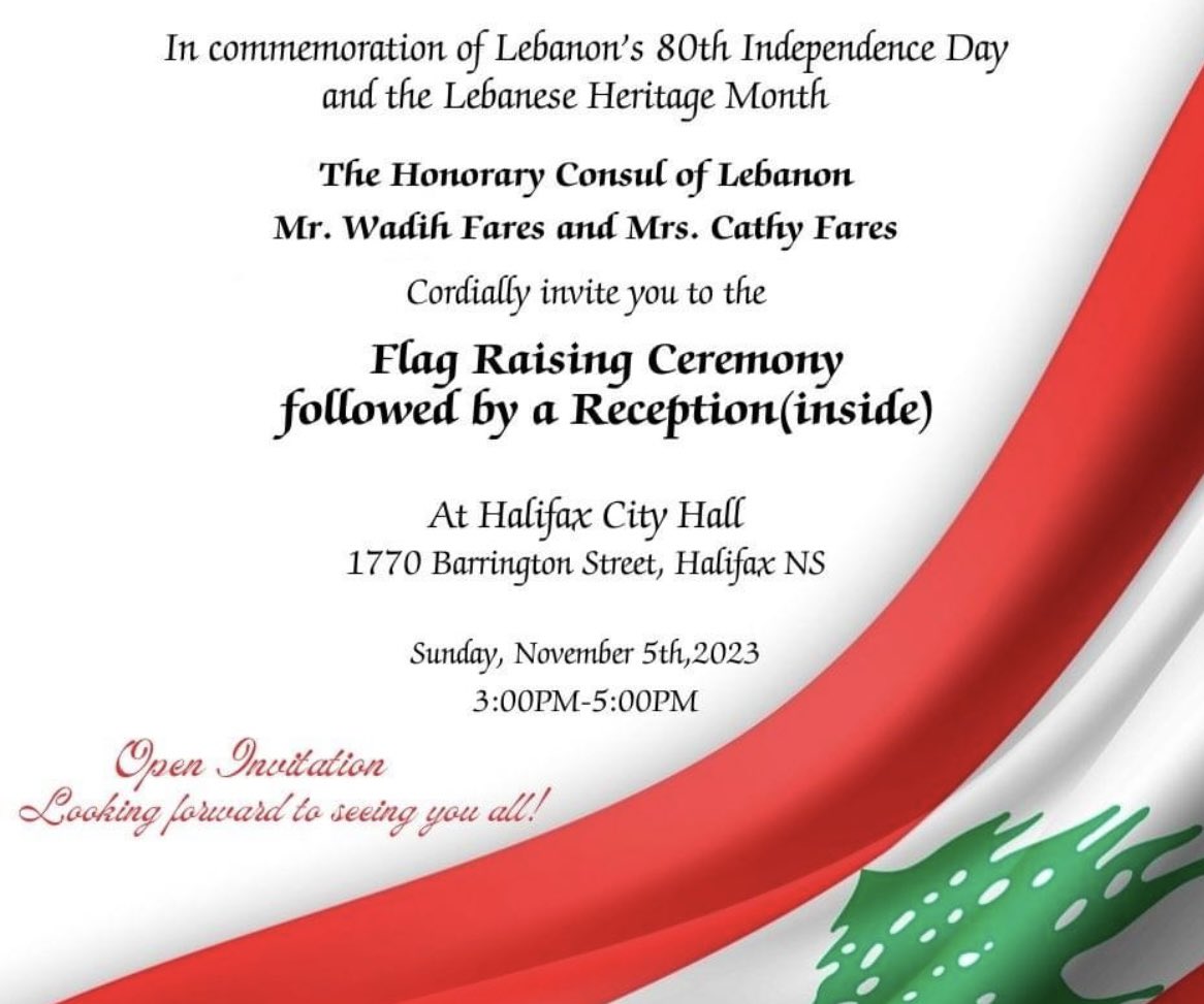 LCC_NS's tweet photo. Kicking off Lebanese Heritage Month Nova Scotia this weekend with the flag raising - info below 🇱🇧 🇨🇦 https://t.co/h8ejqYg2VO