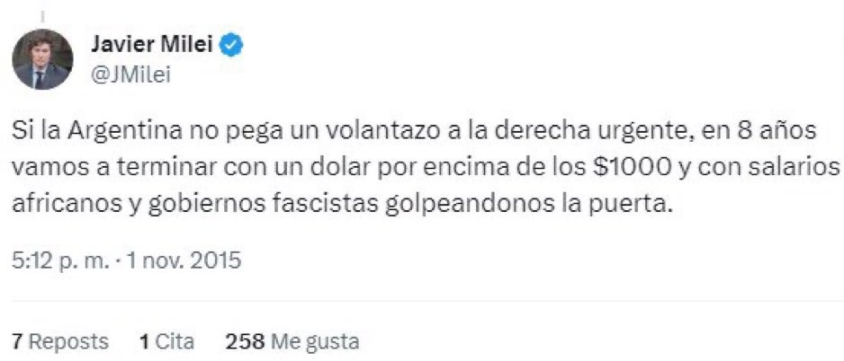 Javier Milei twitteaba esto hace exactamente 8 años.
