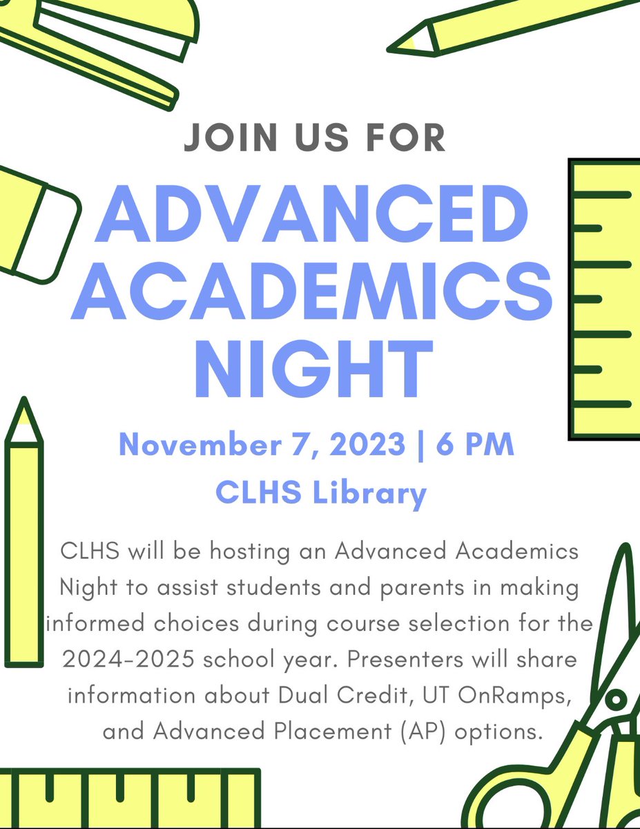 Be sure to join us for our upcoming Advanced Academic night! CLHS Library at 6:00 p.m. 📚🤓 #thelakeisrising #growinggreatness @trpinkham @CLHSPrincipal @clhsaca @CLHS_Counselor @DrChapmanCISD @NellAnd01630252 @TinaPlatt3 @laurensmithclhs @OmarGom32799274