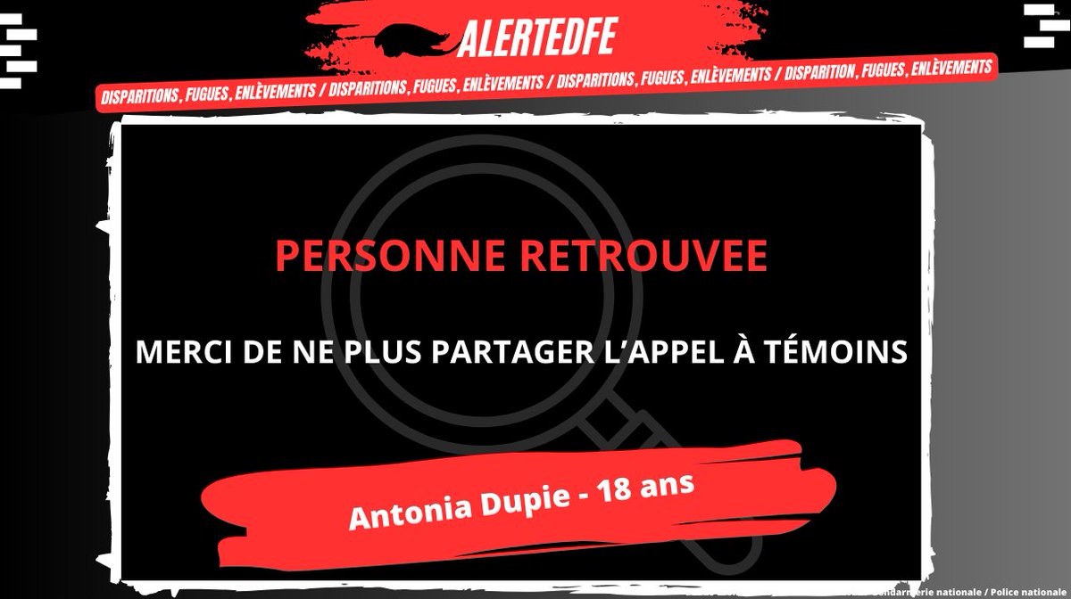 AlerteDFE's tweet photo. Mise à jour :
Antonia Dupie a été retrouvée saine et sauve. Merci à toutes et à tous d'avoir relayé l'appel à témoins. Celui-ci prend donc fin. https://t.co/zRCHxspSYC