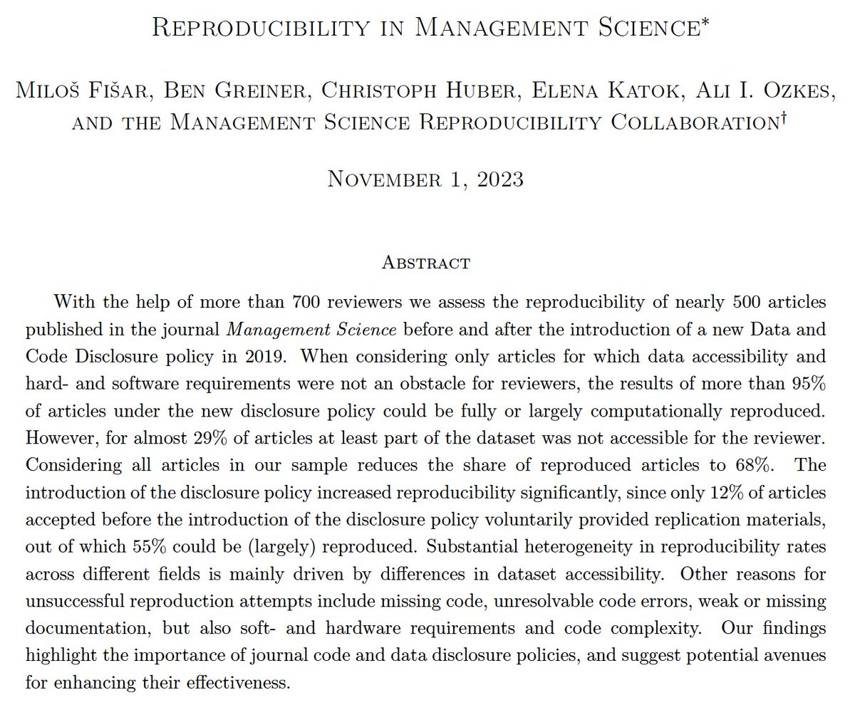 📢 New working paper alert! With the help of more than 700 volunteer reviewers, we (@MilosFisar, @chrhuber_, @elena_katok, @ozkesali and myself) assessed the reproducibility of ~500 articles published in the journal Management Science. Some results. 📊🔍 #Reproducibility