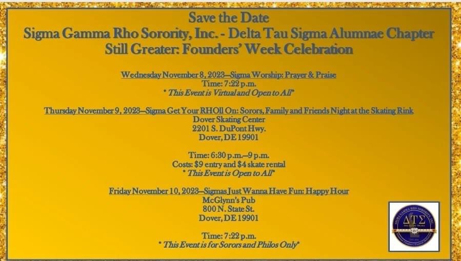 Please join the #DTSpoodles as we celebrate Founders' Week 2023. Join us for a night of worship, family fun, and kicking it with our Sorors and Affiliates. More details to follow.

#SigmaGammaRho #SGRho #DTSPoodles #FoundersWeek2023 #StillGreater