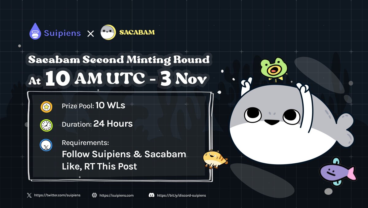 🚨Don't miss out 2nd Round Minting of Sacabam NFT at 10 AM UTC, Nov 3.🚨

🔥To celebrate we #Giveaway 10 WLs mint Sacabam NFT.  Each WL is equivalent to 1 free NFT 

Here's how to participate:
1️⃣Follow us and <a href="/sacabamfun/">Sacabam ◉ ▿ ◉</a> 
2️⃣Like and RT this post.
⏰Duration: 24 hours

#Airdrops