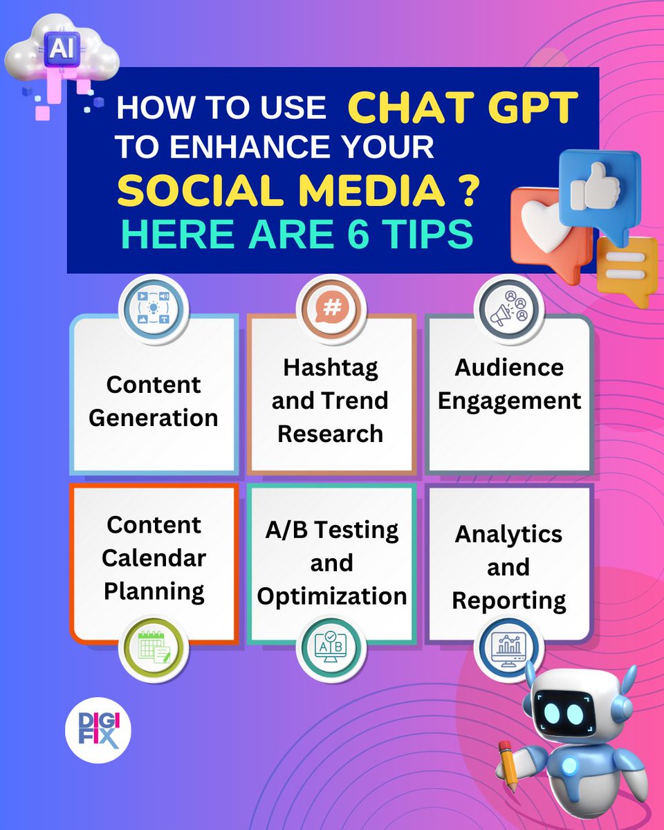 Want to Supercharge Your Social Media Presence? 
Here Are 6 Tips for Leveraging ChatGPT!
#SocialMediaTips #ChatGPT #ContentGeneration #AudienceEngagement #SocialMediaStrategy #Chatbot #marketingdigital #digitalmarketer #SocialMediaMarketing #DigitalSuccess #DigitalAdvertising
