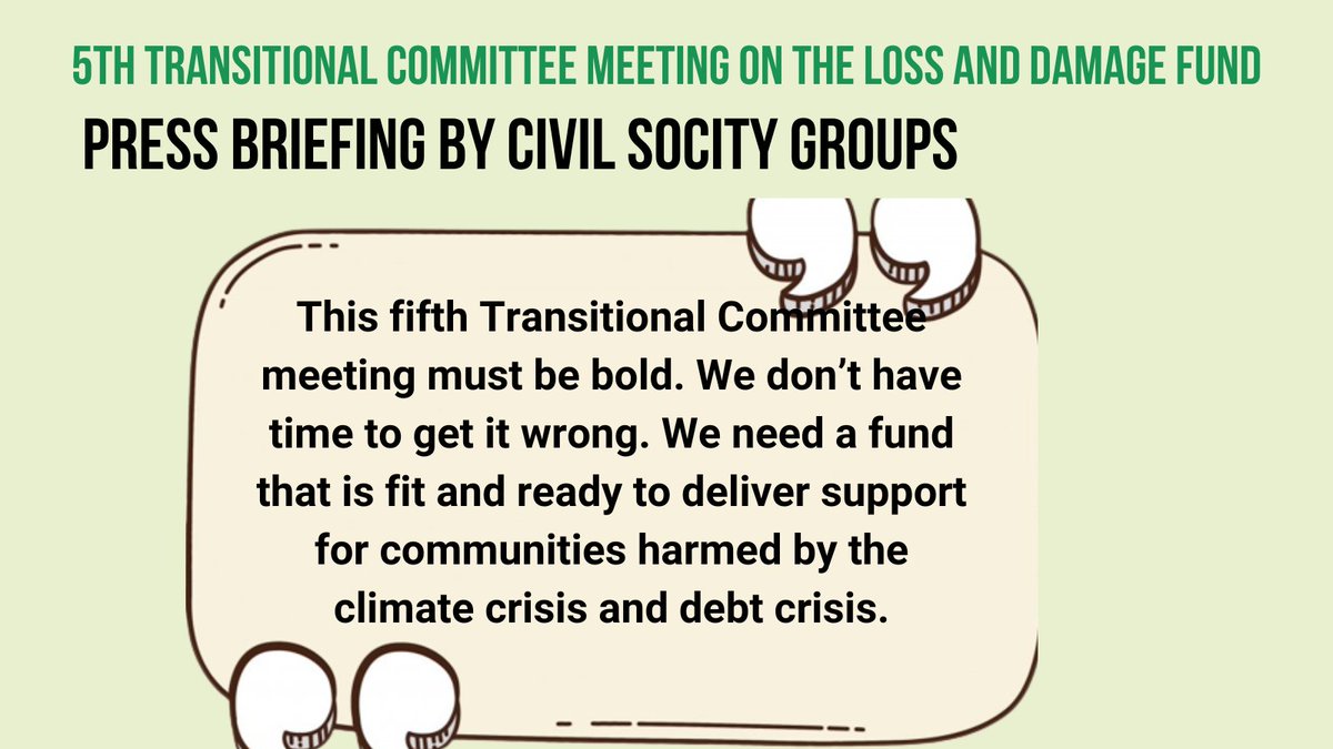 ‼️ PRESS RELEASE ‼️ 

Make-or-break discussions on the design &amp; working of #LossAndDamage Fund start today #TC5 

A robust, independent Fund ready to serve frontline communities must be a key outcome at #COP28  

climatenetwork.org/2023/11/02/mak…