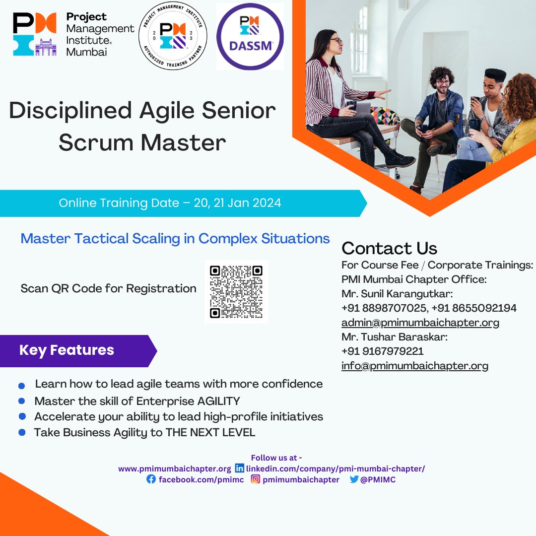 PMIMC's tweet photo. Register Now for Online DASSM Training on 20th &amp; 21st January 2024
For Registration &amp; more details click on Below link
https://t.co/MlPOLxo7QM

#pmimumbaichapter #pmi #projectmanagementtraining #pmimumbai #projectmanagementcertification #atp #authorizedtrainingpartner #training https://t.co/oJRF2mYAIk