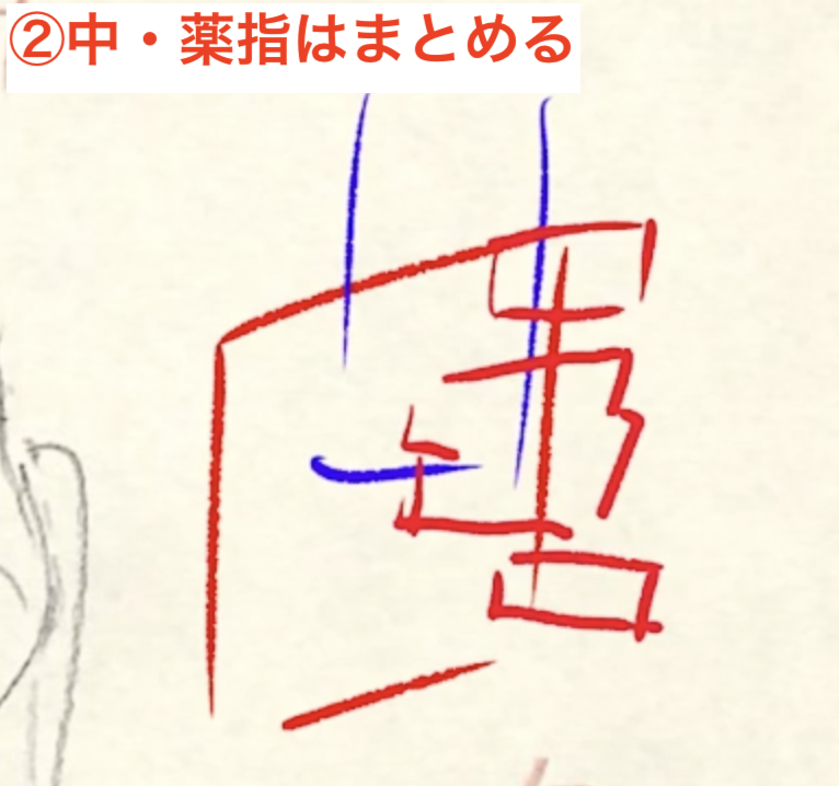 手に小物を持たせるステップ!!
①手と小物の比率を単純な形で抑える
②中指、薬指をまとめる
③親指を足す…
これはあくまで一例です。
手・指は複雑すぎるので必ず自分でやってみながら描きましょう!!
その時に指一本ずつ見ない!!
なるべく大きくまとめる。