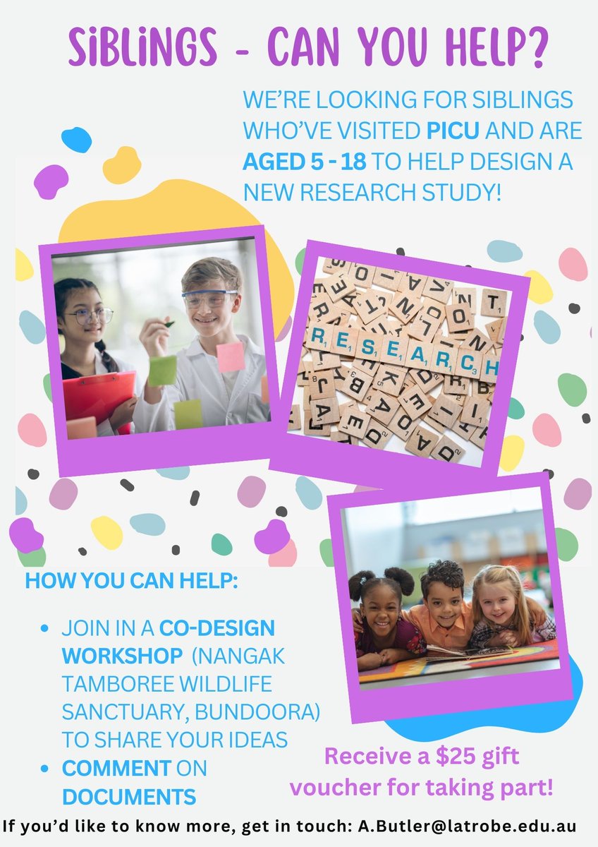 Are you a #sibling who has visited a brother or sister in the #PICU in Melbourne, Australia? 

Are you interested in helping us design a new research study to explore #sibling experiences? 👇

If so, get in touch with us today! Email: a.butler@latrobe.edu.au