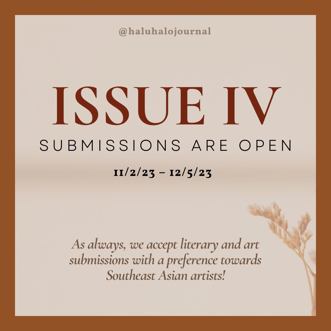 HaluHalo Journal Issue IV submissions are officially open! We loved your submissions for Issue III, and we can’t wait to see what Issue IV has in store. Send us your best “haluhalo” pieces— rich in flavor, color, and authenticity!! 🍂🍁🥮 Check out the link in our bio to submit!