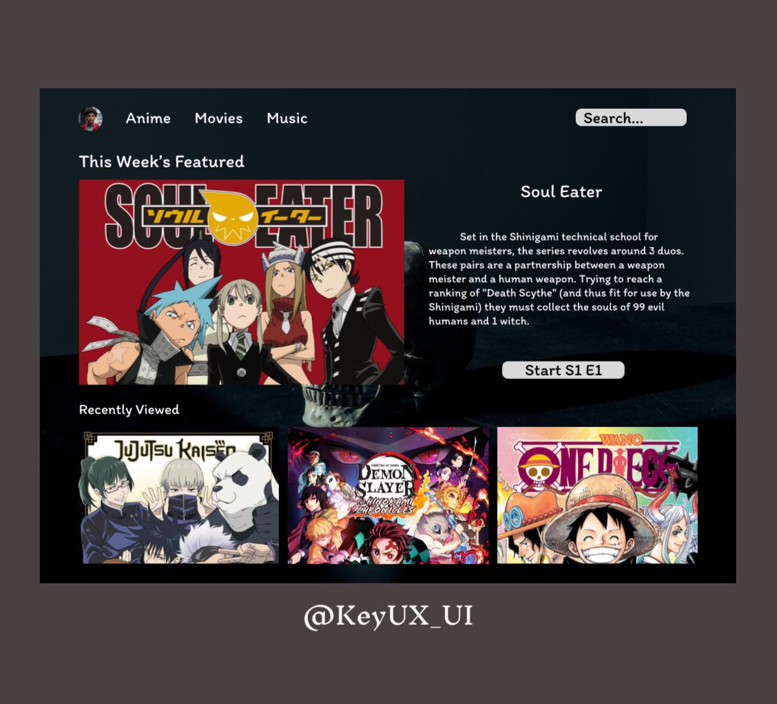 KeyUX_UI's tweet photo. Just completed challenge number #25 from @dailyui.co 100 days of UI design challenge. 

Todays challenge was to Design a TV App

All comments and suggestions are fully welcomed. 

#designchallenge #100daysofdesign #uxuidesign #uxuidesigner #socialappui #appuidesign #anime https://t.co/voeLkq96fo