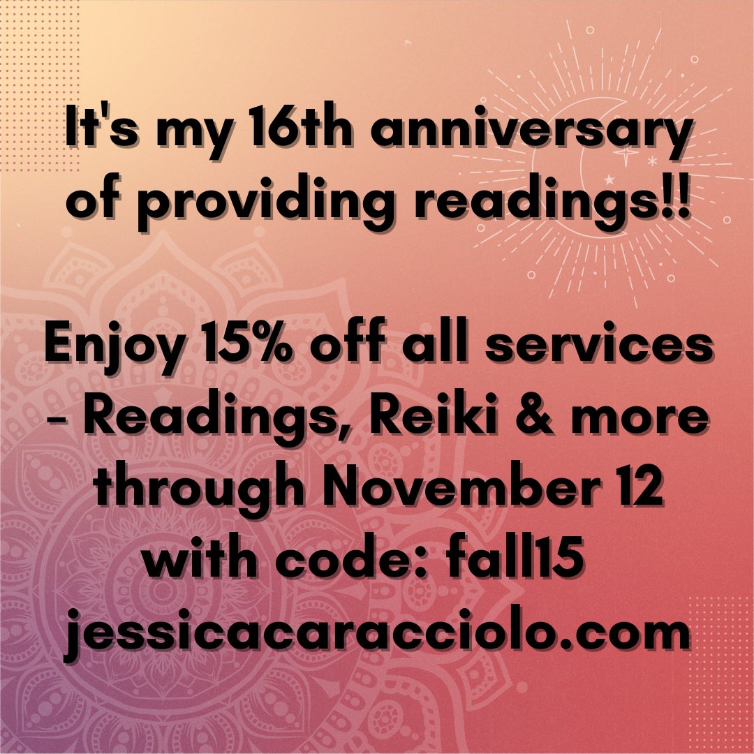 jesscaracciolo's tweet photo. It's my 16th anniversary of providing readings!!

Enjoy 15% off all services - Readings, Reiki &amp; more through November 12 with code: fall15   https://t.co/j0IraldDd2

#psychic #psychicmedium #psychicreading #jessicacaracciolo #cardreading #angelcardreadings #tarotreadings https://t.co/HDUHbJ1pTh