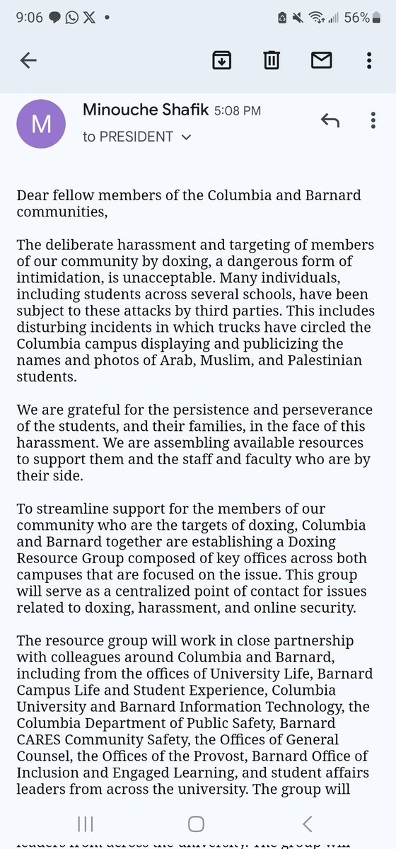 The President of @Columbia University just sent everyone an email expressing support for the Hamas terrorist sympathizers because they were exposed.

She says that 'we are grateful for [your] persistence... in the face of this harrassment'

Unbelievable. Antisemitism runs deep.