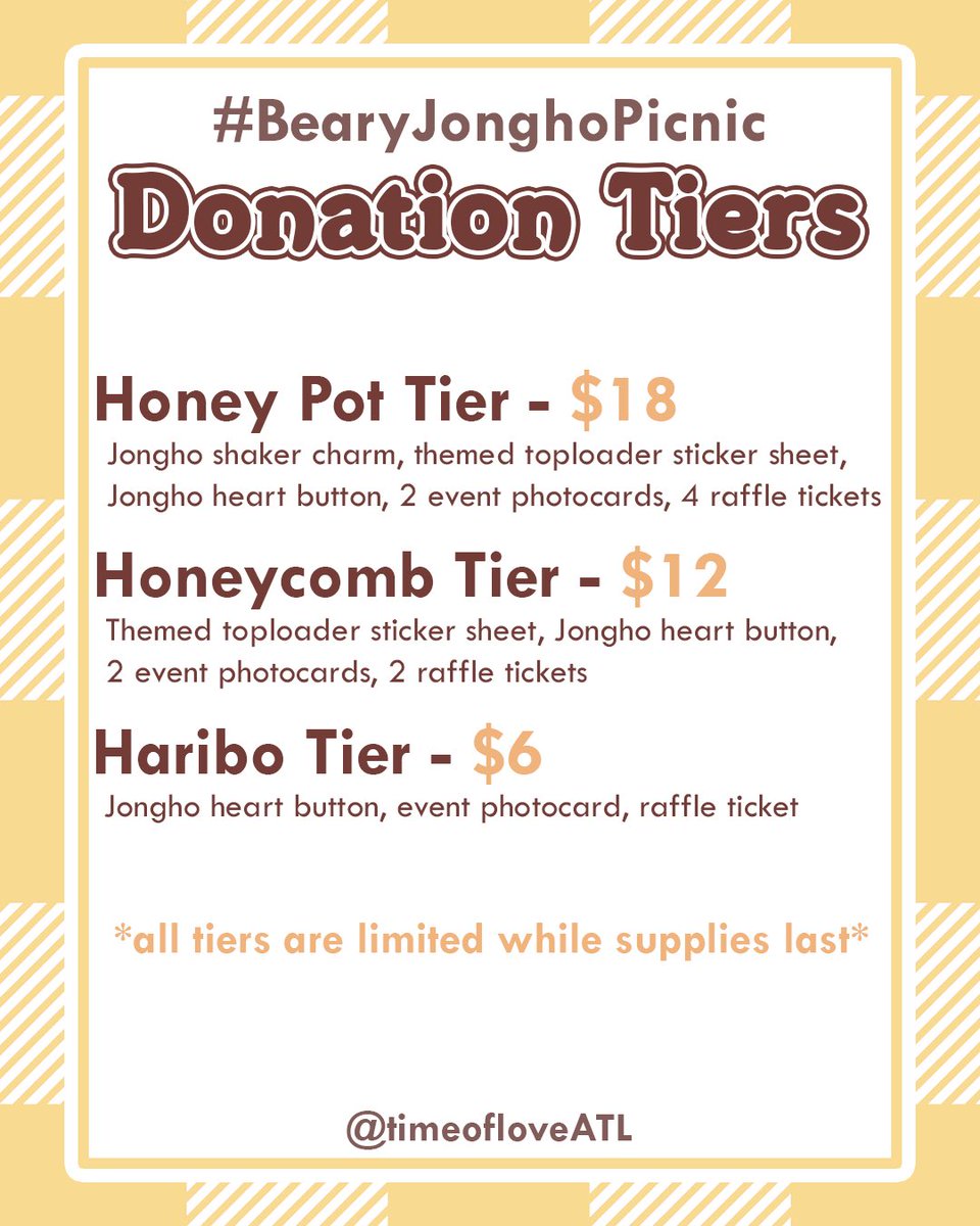 timeofloveATL's tweet photo. Donation tiers for #BearyJonghoPicnic this Sunday! Check out Insta for more info and previews of all our merch! https://t.co/OZZI5U5oKX