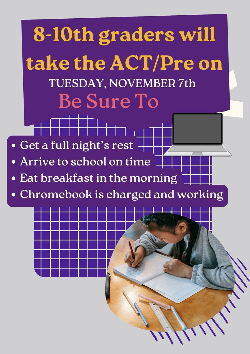 msa_w's tweet image. All 10th graders will take the ACT on Tuesday, November 7th. Ensure that students are present at school with a charged Chromebook. Encourage them to stay focused, get plenty of rest, and rock that test with confidence! #ACTTest #SupportingSuccess