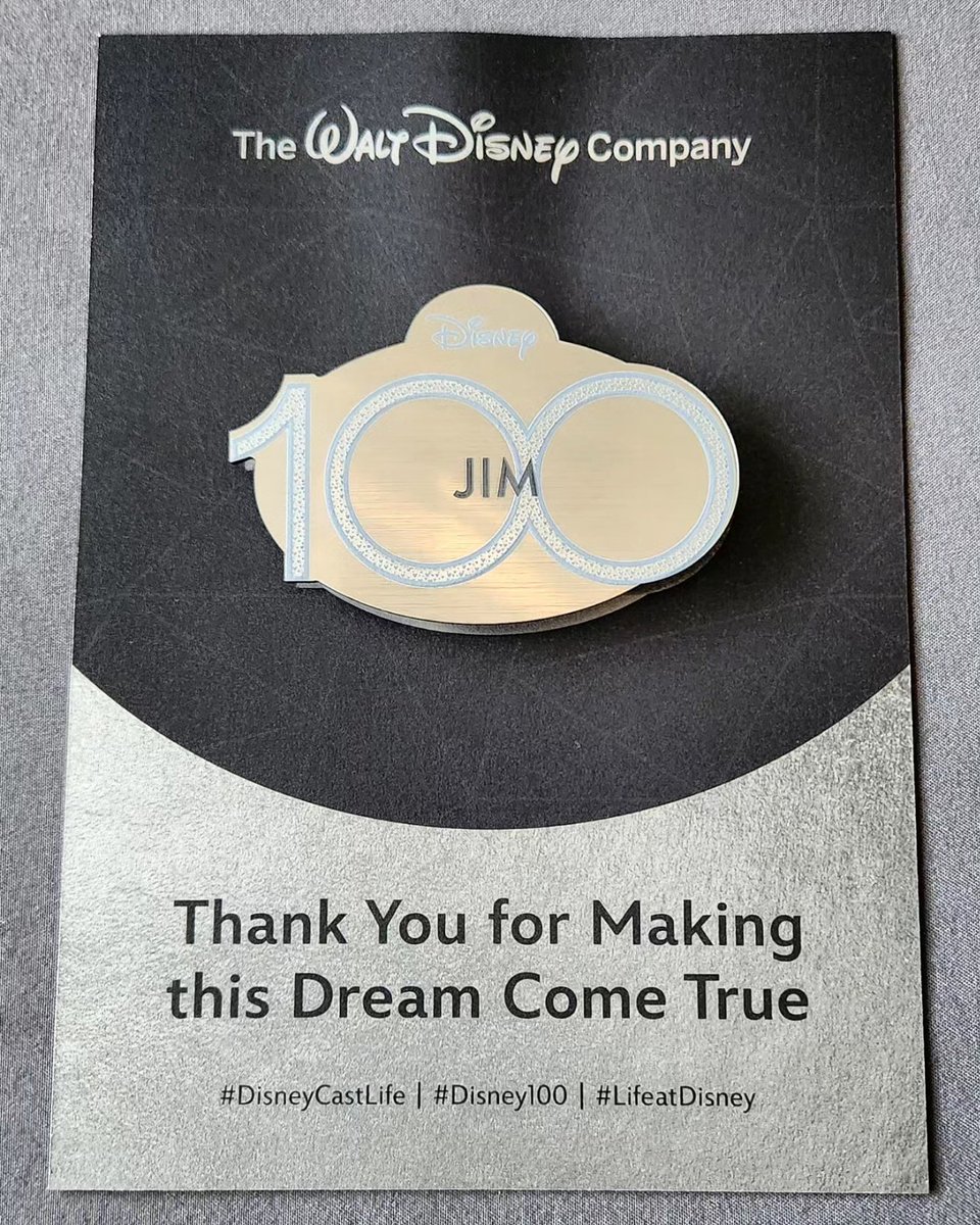 TheJimmyV's tweet photo. Finally received my Disney 100 commemorative cast member nametag. As someone who very much grew up a Disney kid, it's an honor to be involved in the company in some way and to be a part of its 100-year history. #DisneyCastLife #LifeAtDisney #Disney100 https://t.co/3kVEK8bPsp