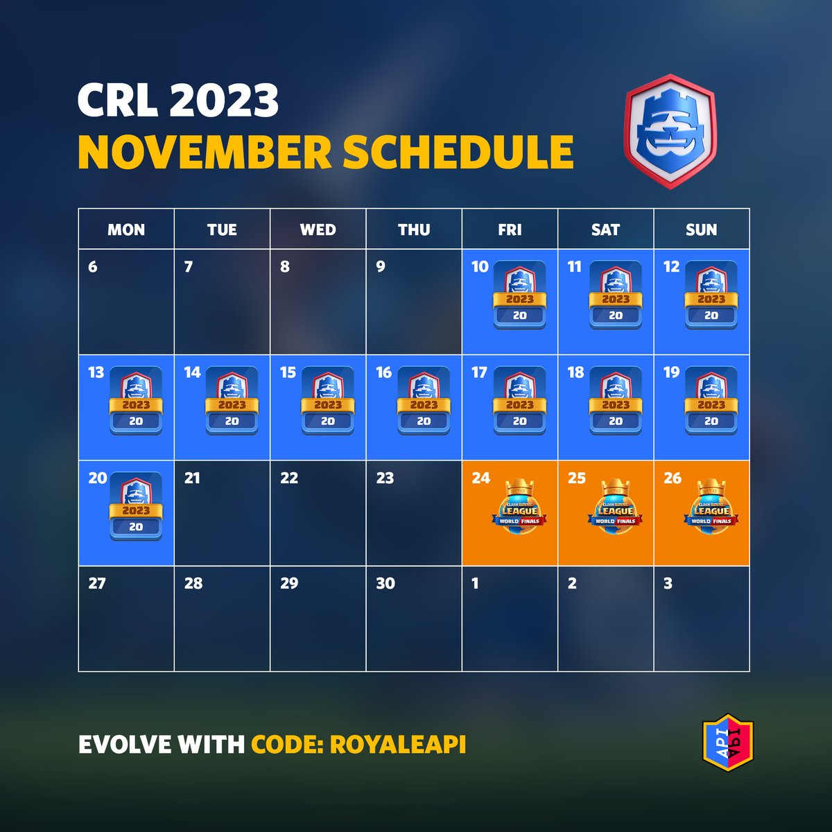 Just one more thing — 20-win challenge in Clash Royale is back! It will start on Nov 10 at 9am UTC and ends on Nov 20 at 9am UTC. Then the world finals will happen on the same weekend! #CRL23
