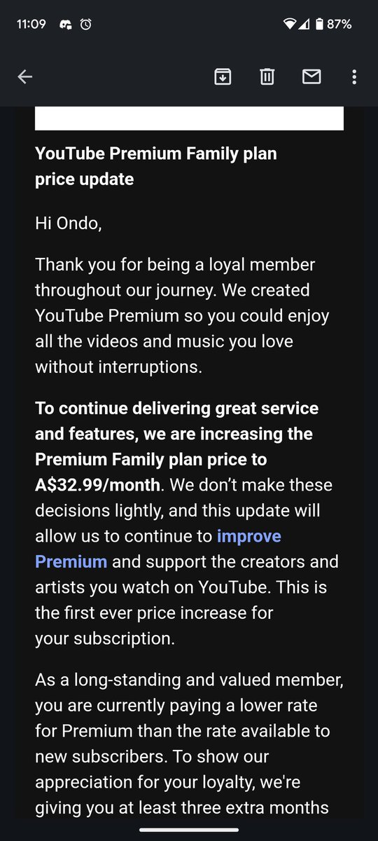 OndoDev's tweet photo. Welp looks like ill b canceling my sub for @YouTube @youtubemusic, almost doubling the price i was locked into when it changed from play music. Might have to see how much a @Spotify family plan would b, if they even have that or just save the sub entirely https://t.co/jPFPwrAKb7
