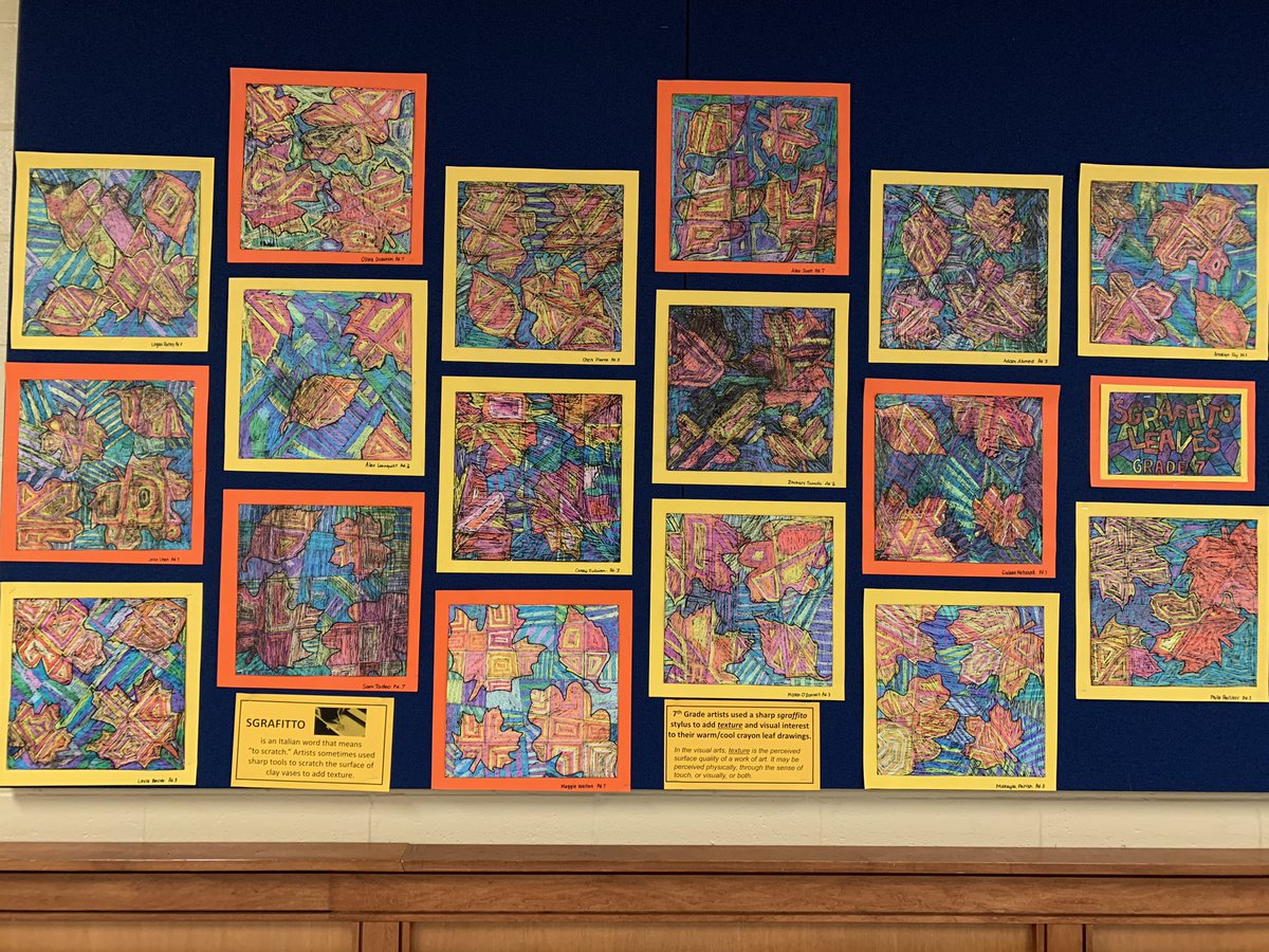7th Graders added texture to their leaf collages by using a sgraffito technique to scratch the surface through ink and wax! <a href="/PennDelco/">Penn-Delco SD</a> <a href="/NMSViking/">Mr. Buterbaugh NMS</a> @MrsGordon_ART <a href="/pdsdsuper/">Dr.George Steinhoff</a>