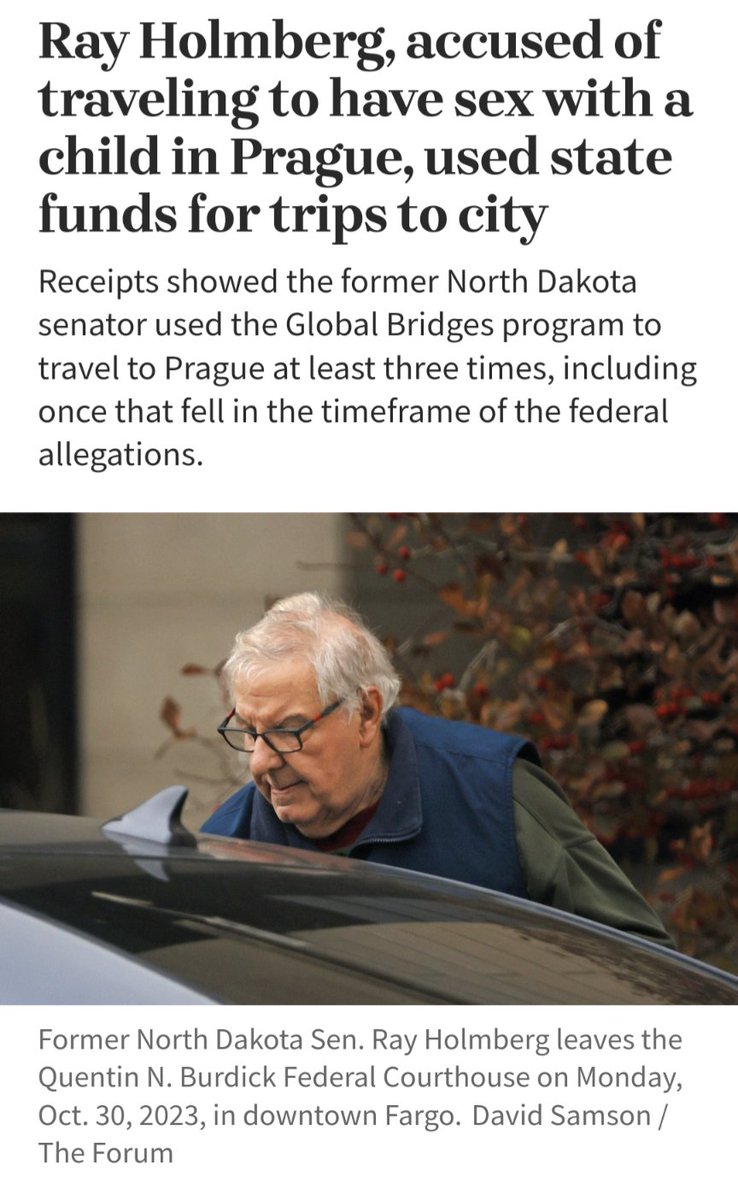 Republican Christian Nationalist retired school counselor and longest serving Senator of North Dakota has been indicted for CSA and traveling to Prague to have sex with a child. Yeah he used tax payer money for his travels.