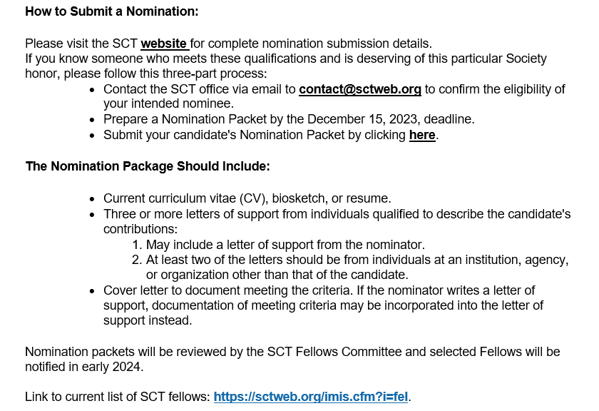 Now accepting nominations for SCT Class of 2024 Fellows! See below for details: