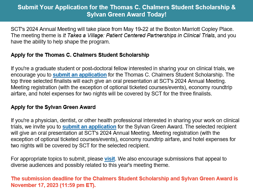 Applications for the Thomas C. Chalmers Student Scholarship and the Sylvan Green Award are now open!