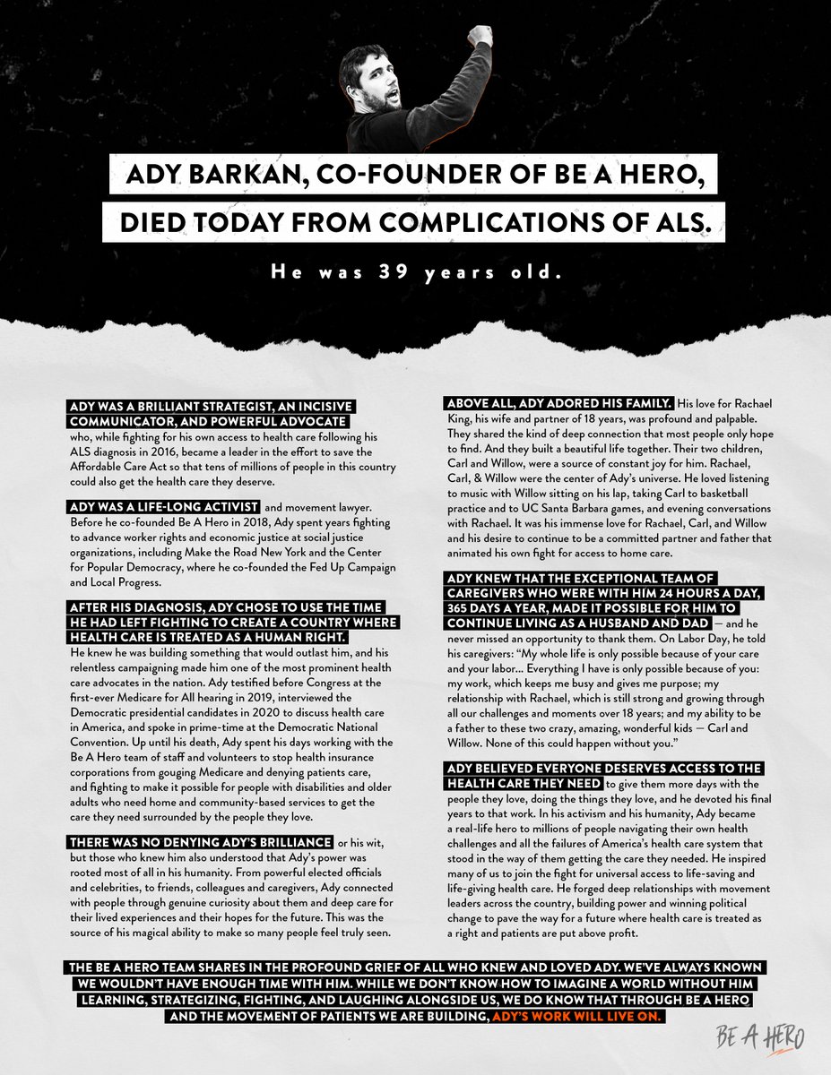 I'm heartbroken to share that my friend and @BeAHero co-executive director, <a href="/AdyBarkan/">Ady Barkan</a> died today due to ALS-related complications.

We are grieving - and we know everyone in our movement who had the privilege of knowing, loving, and being in the struggle with Ady is, too. 1/2