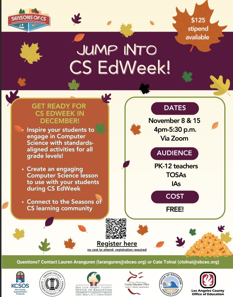 Jump into CSEdWeek! No experience needed. Create an engaging standards-aligned lesson to share with your students. Connect to the #SeasonsofCS community. #CSSuperbloom #CSforCA bit.ly/JumpintoNov
