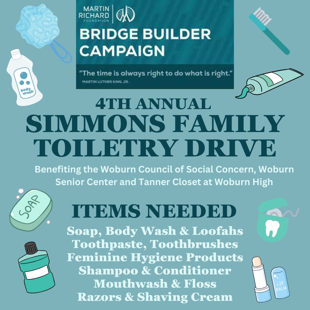 Bridge Builder Toiletry Drive! For the 4th year, the kids are hosting this effort to help our neighbors in need. Last year volunteers packaged HUNDREDS of hygiene kits. Donations can be dropped off to our home or delivered via Amazon. Message me for more information! <a href="/TeamMR8/">Martin Richard Foundation</a>