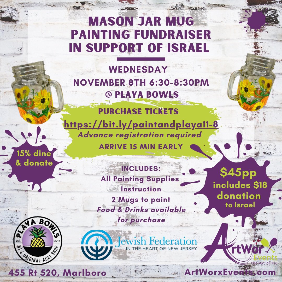 Please help me support Israel and have the chance to create beautiful fall themed mason jar glasses 🎨🖌️🌻🇮🇱 Register ASAP -space is limited bit.ly/paintandplaya1…
#fundraiser #paintandsip #paintparty #localbusiness #paintedglasses #diy #support #fun #painting #community #israel