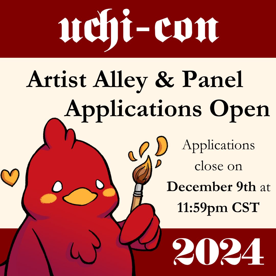 ucjas_official's tweet photo. Applications for Panels, Artist Alley, and Performances for Uchi-Con 2024 are now live!
Artist Alley link: https://t.co/PDOGYtMZnf
Panels &amp; Performances link: https://t.co/Mo2oeK0yKG

We're so excited to see all of your wonderful creations!

#uchicon2024
#uchicon https://t.co/72igNAzTZg