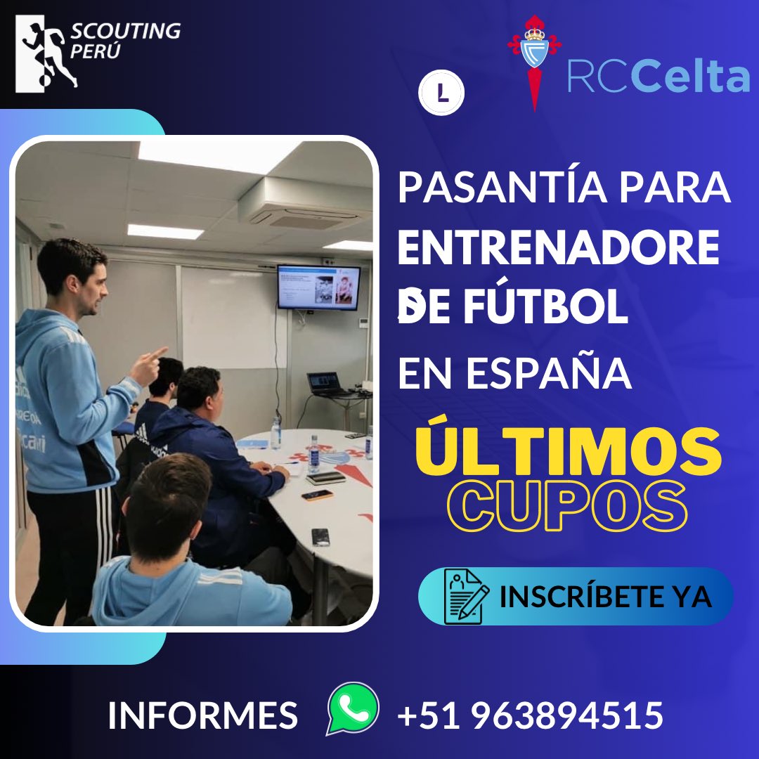 ScoutingPeruOfc's tweet photo. @charlatacticape ¡ÚLTIMOS CUPOS! 🔥🇪🇸👨🏻‍🏫⚽️

Participa de la pasantía de una semana en el club Celta de Vigo de España, donde podrás conocer las instalaciones del club español y los tipos de entrenamientos en fútbol de menores, separa tu vacante ya! ✈️

📌Informes:
WhatsApp: +51 963894515 https://t.co/LopTO5mJ7a