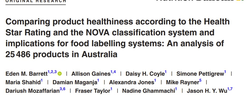 Increasing interest in health impacts of ultra-processed foods requires us to think about how to factor processing into definitions of 'healthy' in food policy Our new paper led by @edenmbarrett looks at alignment between NOVA and Health Stars: onlinelibrary.wiley.com/doi/pdf/10.111… 1/