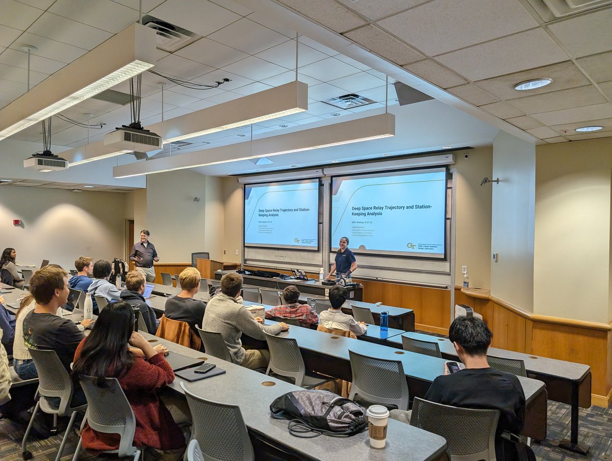GTssdl's tweet photo. At this week's meeting we had Lizzie Kimmel (MS) presenting her work in “Deep Space Relay Trajectory and Station-Keeping Analysis,” and Hephzibah Christopher (PhD) talk about her water ice modelling work for the NASA VIPER mission! 🛰️🌕 https://t.co/kHWCYolGZl
