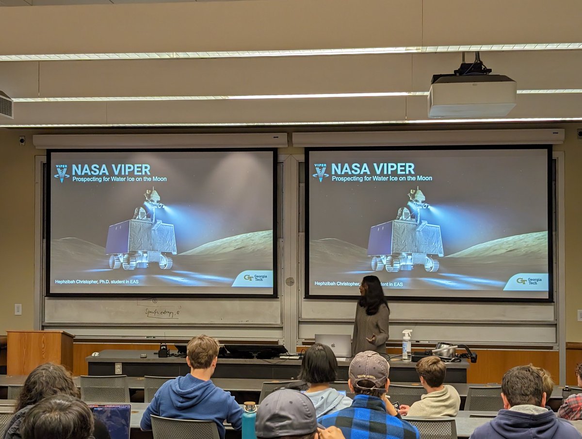 GTssdl's tweet photo. At this week's meeting we had Lizzie Kimmel (MS) presenting her work in “Deep Space Relay Trajectory and Station-Keeping Analysis,” and Hephzibah Christopher (PhD) talk about her water ice modelling work for the NASA VIPER mission! 🛰️🌕 https://t.co/kHWCYolGZl