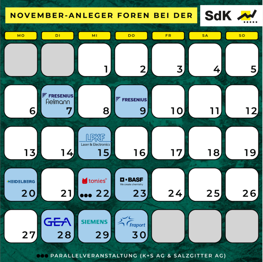 die_sdk's tweet photo. Im November veranstalten wir eine Vielzahl von Anleger-Foren – meldet euch gerne zu einer oder mehrerer an und lernt die Unternehmen besser kennen 🔎 #Fresenius, #Fielmann, #BASF, #LPKF, #tonies, #GEA, #Siemens #Fraport #HeidelbergerDruckmaschinen

➡️ https://t.co/l54Iz3PtKp https://t.co/ssYsJbGZSo