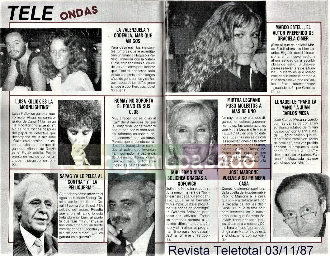 atrapamepasado's tweet photo. Luisa Kuliok nuestra "Moonlighting". Mirtha vs radicales. Marrone vuelve al 13. Nimo canje sic sic.
#Chimentos #En1987
#Hace36Años📺 https://t.co/sbN6XMTC8I