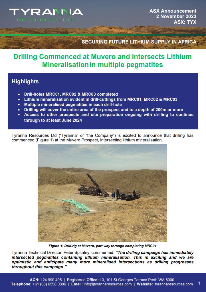 61Financial_AU's tweet photo. Tyranna Resources (#ASX: $TYX) has commenced drilling at the Muvero Prospect with multiple mineralised pegmatites in each drill-hole.
Access to other prospects and site preparation ongoing with drilling to continue through to at least June 2024.
#stocks #asx #lithium #battery https://t.co/EnzOmtPz9N