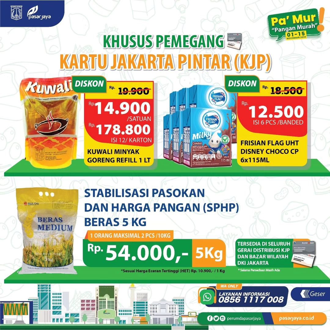 DKIJakarta's tweet photo. Apa saja sih promo-promo yang tersedia di Gerai #JakGrosir #JakMart & #MiniDC Perumda Pasar Jaya? Simak di infografis di atas.

Periode hanya dari 01 -15 November 2023, jangan sampai kehabisan ya!

Sumber: @pembsaranajaya 

#DKIJakarta #suksesjakartauntukindonesia #jagajakarta #PromoPasarJaya
#PromoPaMur #Jakpreneur #JakartaBangkit
#PromoPasarJaya #SembakoMurah
#minyakmurah #minyakgorengmurah