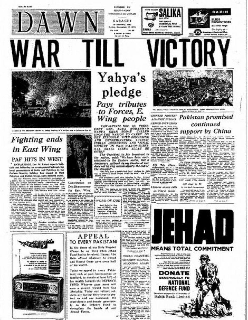 abhinav1985s's tweet photo. @Syed_Muhammed @zahacktanvir Dawn newspaper on 17 Dec, 1971 the day AFTER Pakistani  troops surrendered. https://t.co/ax3ZlS2TKE