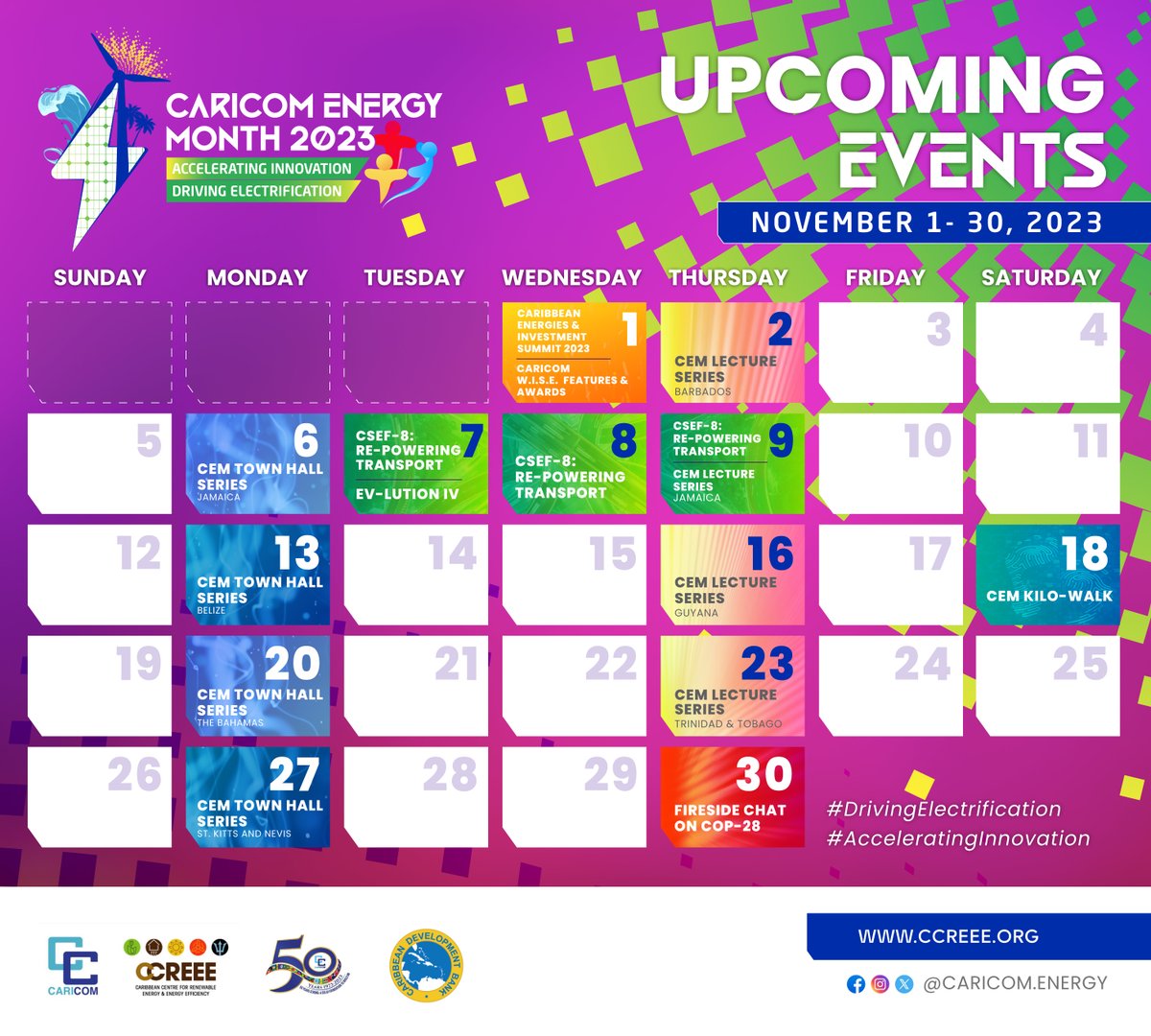 CARICOMorg's tweet photo. ๐กNovember is declared #CARICOM Energy Month, and we are excited to share the upcoming activities.
๐Check out the Calendar for all the upcoming events!
#CARICOMENERGY #CSEF2023 #CSEF8 #WOMENINENERGY #CEM23 #ENERGYMONTH https://t.co/L1HmrFoQid