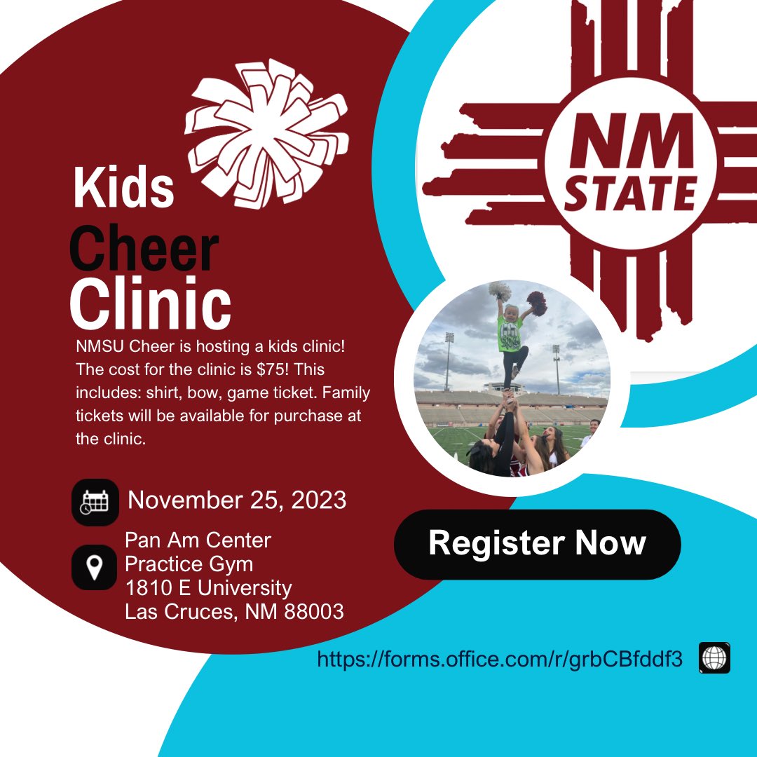 NMSU Cheer is hosting a kids clinic on November 25th, 2023 from 8:30am-10:30am. Click the link in our bio to register! 🤍 forms.office.com/r/grbCBfddf3
