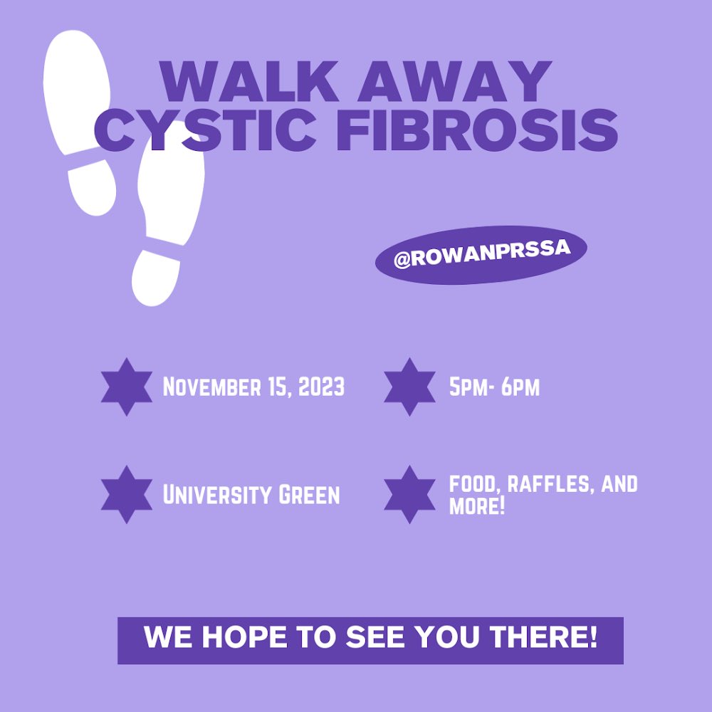 RowanPrad's tweet photo. Join us on November 15th for the Walk Away Cystic Fibrosis Event 💜✨
#rowanprad #cysticfibrosis #walk #rowanuniversity #CFWARRIOR ##cfawareness #cfstrong https://t.co/utckctkGXh