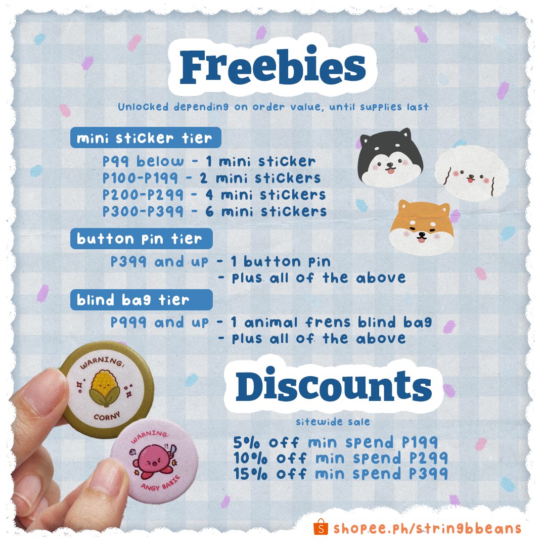 stringbbeans's tweet photo. Im holding my bbye sale this weekend! 🥹👋

Swipe right for sales mechanics! You can unlock bigger freebies depending on order value! All orders made from nov 4-6, no matter the value will get free mini stickers too ☺️🤍

#artph #stickersph #artphilippines #stickersphilippines https://t.co/DLFz3cclzE